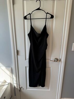 Lulu's Black Satin Cowl Midi Slip Dress